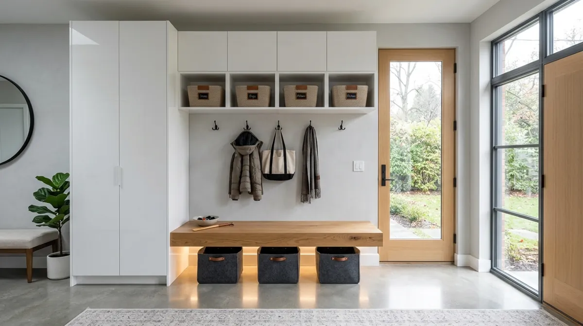 Mudroom locker bench with tall compartments, hooks, and lower storage.