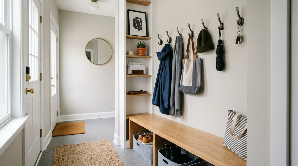 Mudroom bench with open shoe shelves, hooks, and clean entry styling.