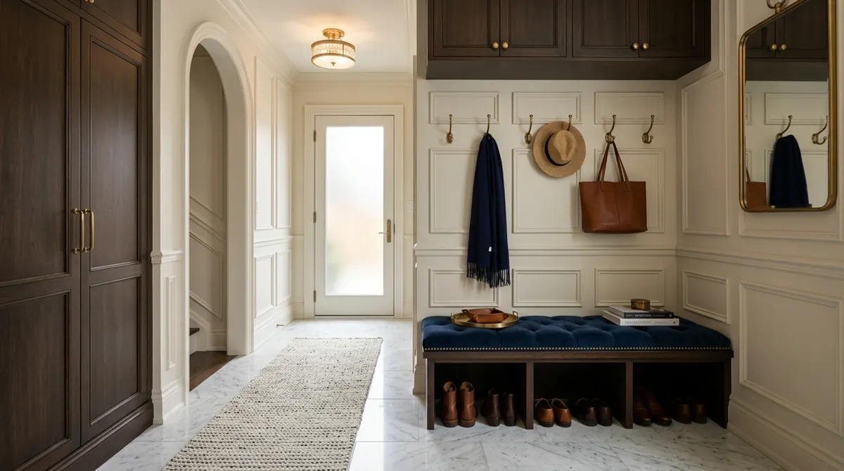 Compact mudroom bench with hooks, baskets, and narrow entry storage.