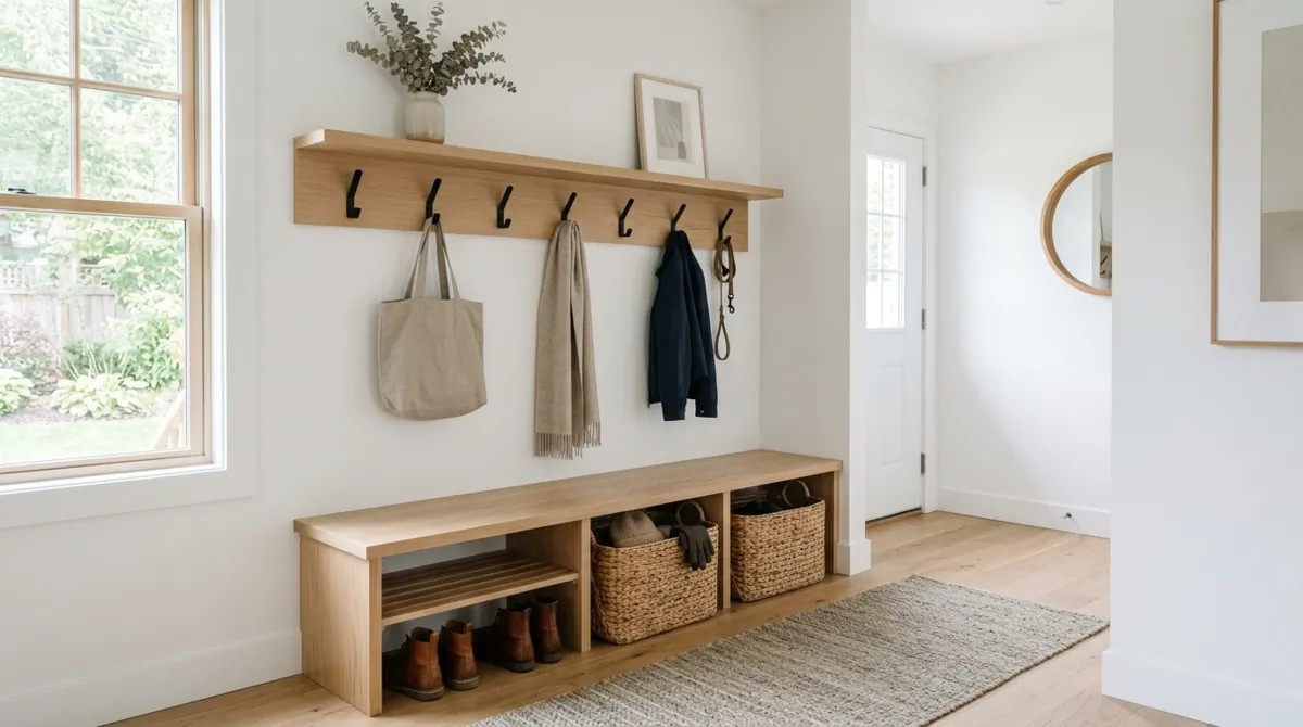 Modern white mudroom bench with clean storage, hooks, and drawers.
