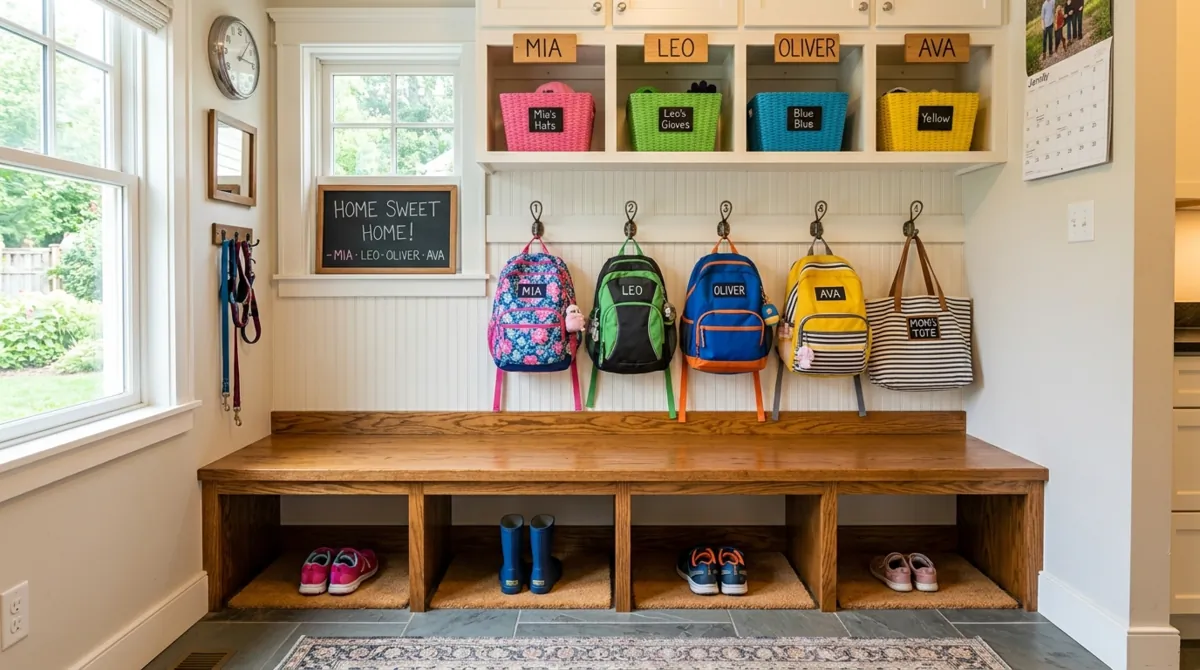 Dark mudroom bench wall with hooks, wood seat, and storage baskets.