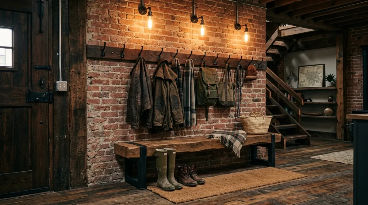 Mudroom bench with overhead shelves, hooks, baskets, and entry organization.