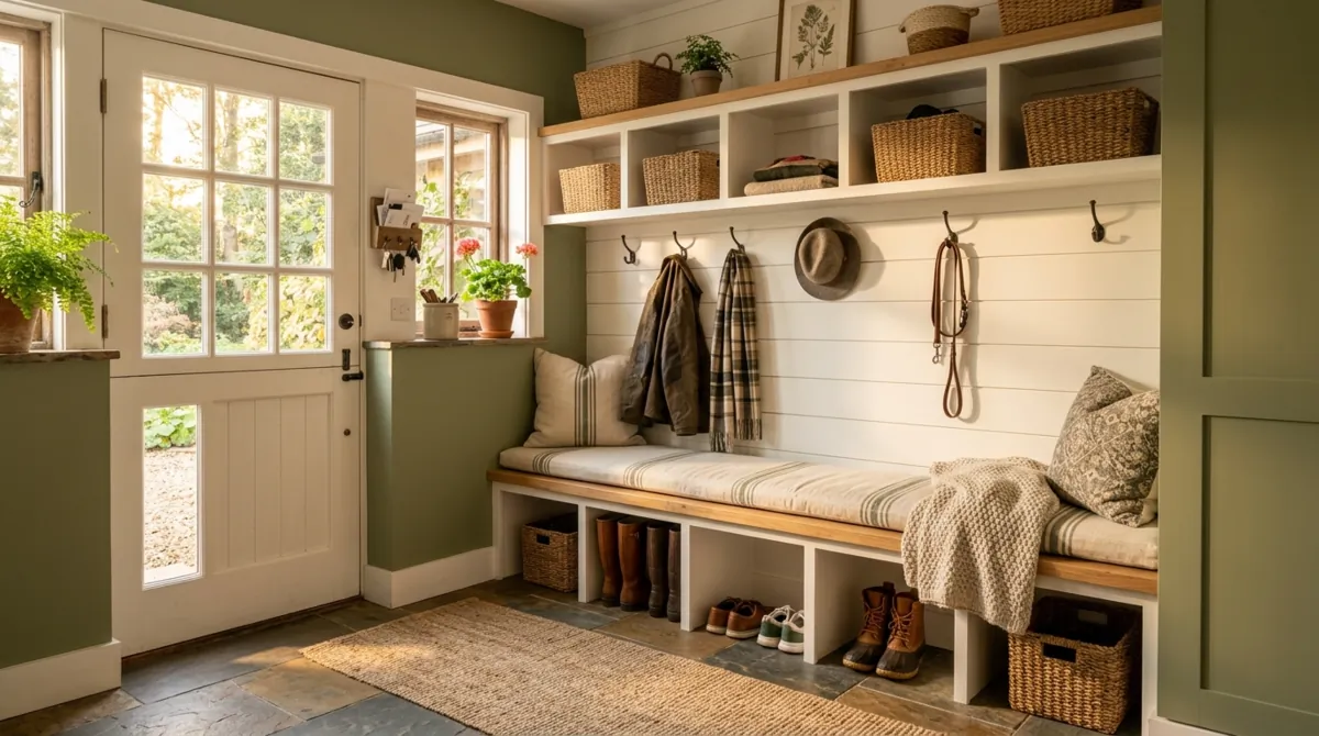 Corner mudroom bench with hooks, storage cubbies, and efficient entry layout.