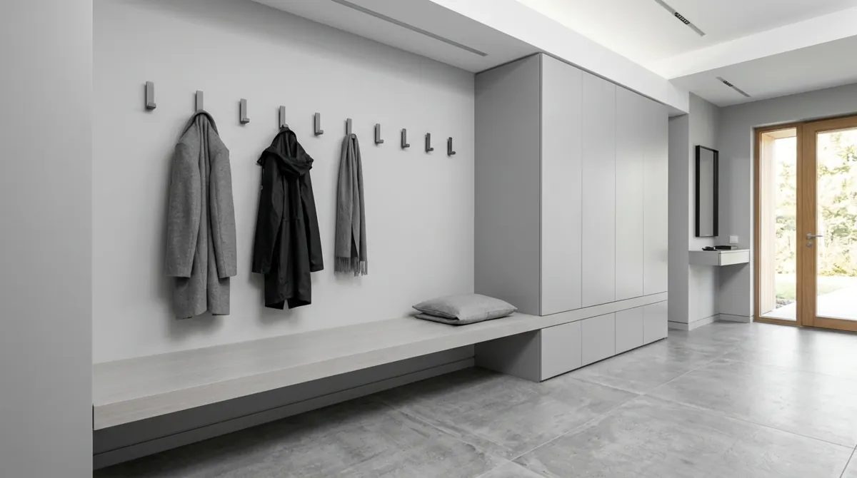 Elegant mudroom bench with wall paneling, drawers, hooks, and polished storage.