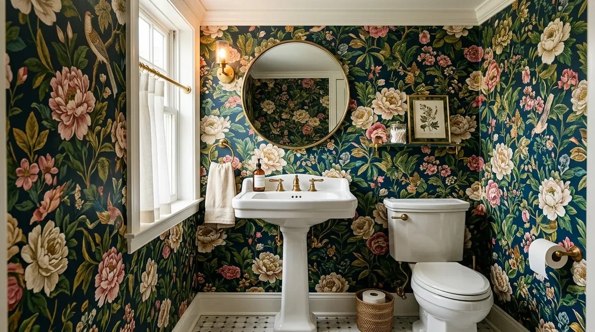 Pretty half bathroom with wallpaper, compact vanity, stylish mirror, and polished lighting.