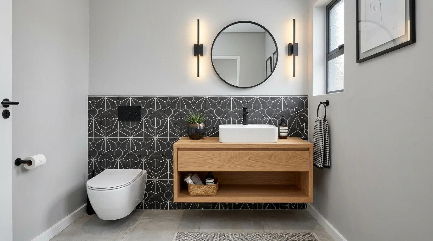 Powder room with blush tones, warm brass, and a light feminine touch.