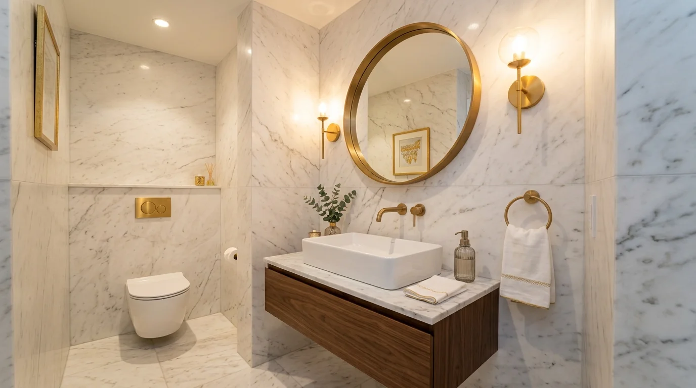 Half bath with darker walls and dramatic lighting creating elegant intimacy.