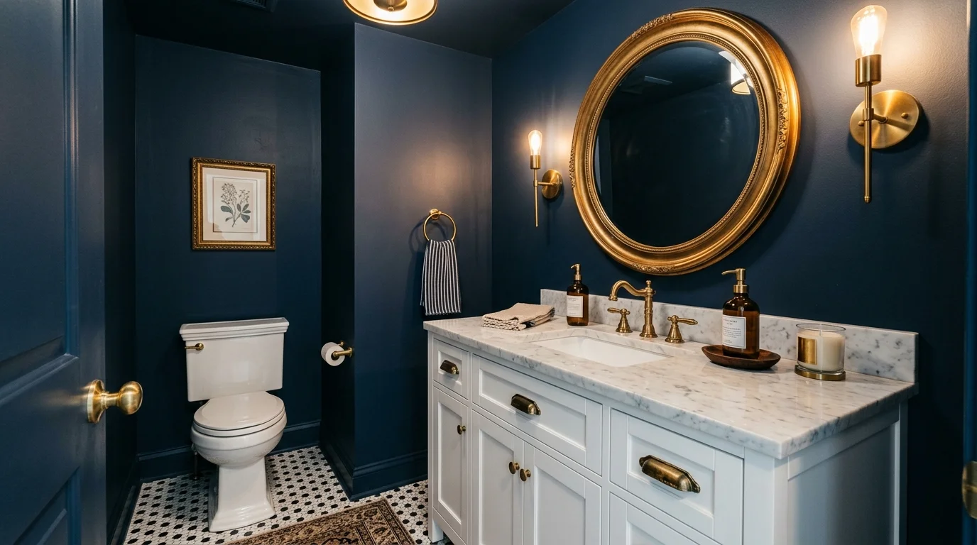 Bright powder room with clean white finishes and timeless small-space polish.