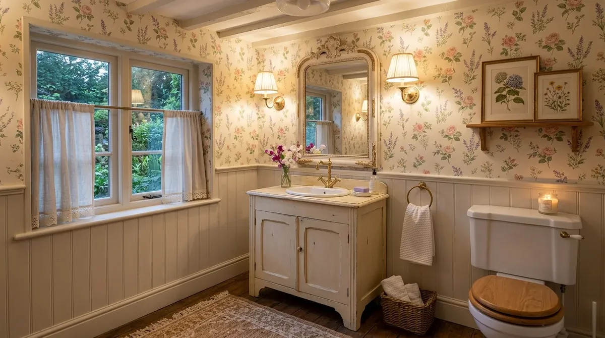 Half bathroom with vintage mirror, patterned tile, and charming character.