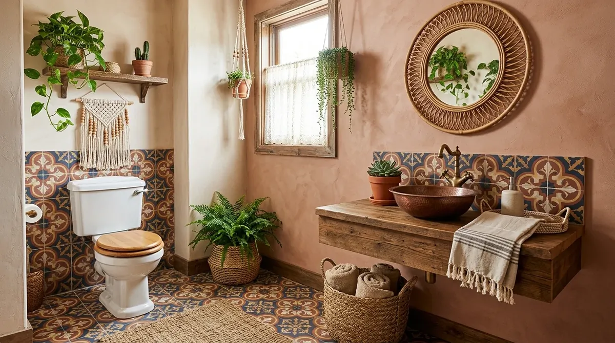 Pretty half bath with black accents and polished brass warmth.