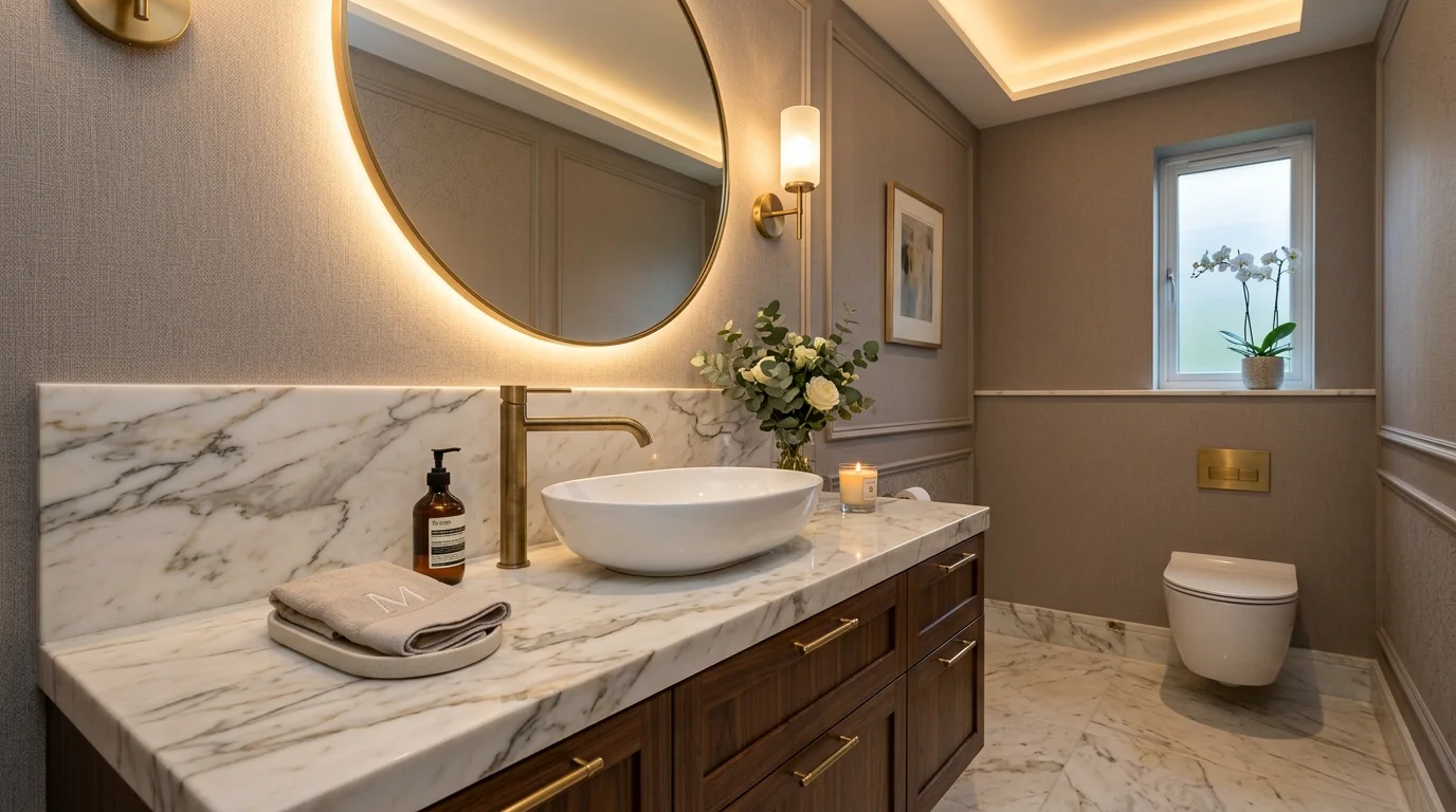 Small powder room with compact sink and efficient stylish arrangement.