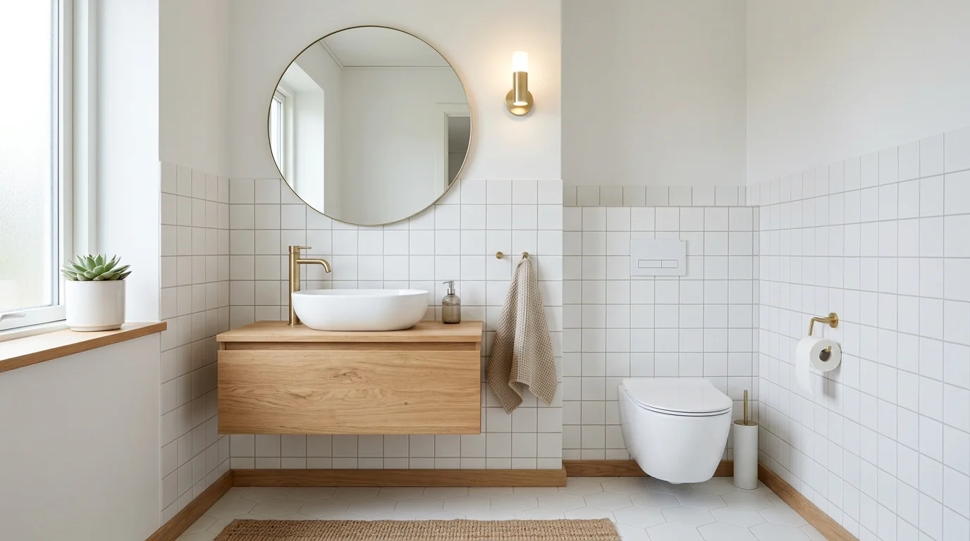 Powder room with warm wood touches and soft country charm.
