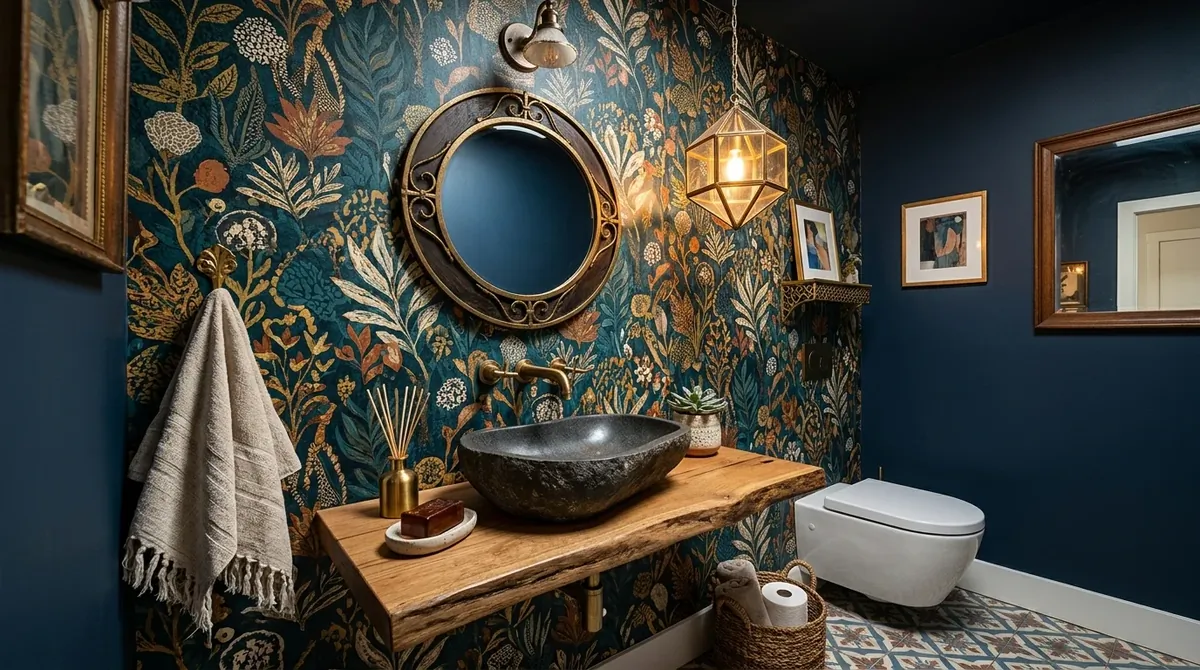 Half bath using art and lighting to create a memorable guest-friendly finish.