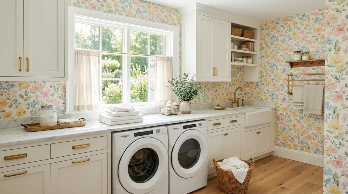 Cheerful laundry room with pastel floral wallpaper, white cabinets, marble folding counter, and sunny window light.