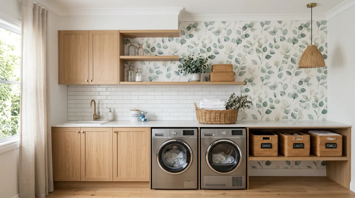 Elegant laundry room with eucalyptus wallpaper, oak cabinetry, subway tile backsplash, and woven baskets.