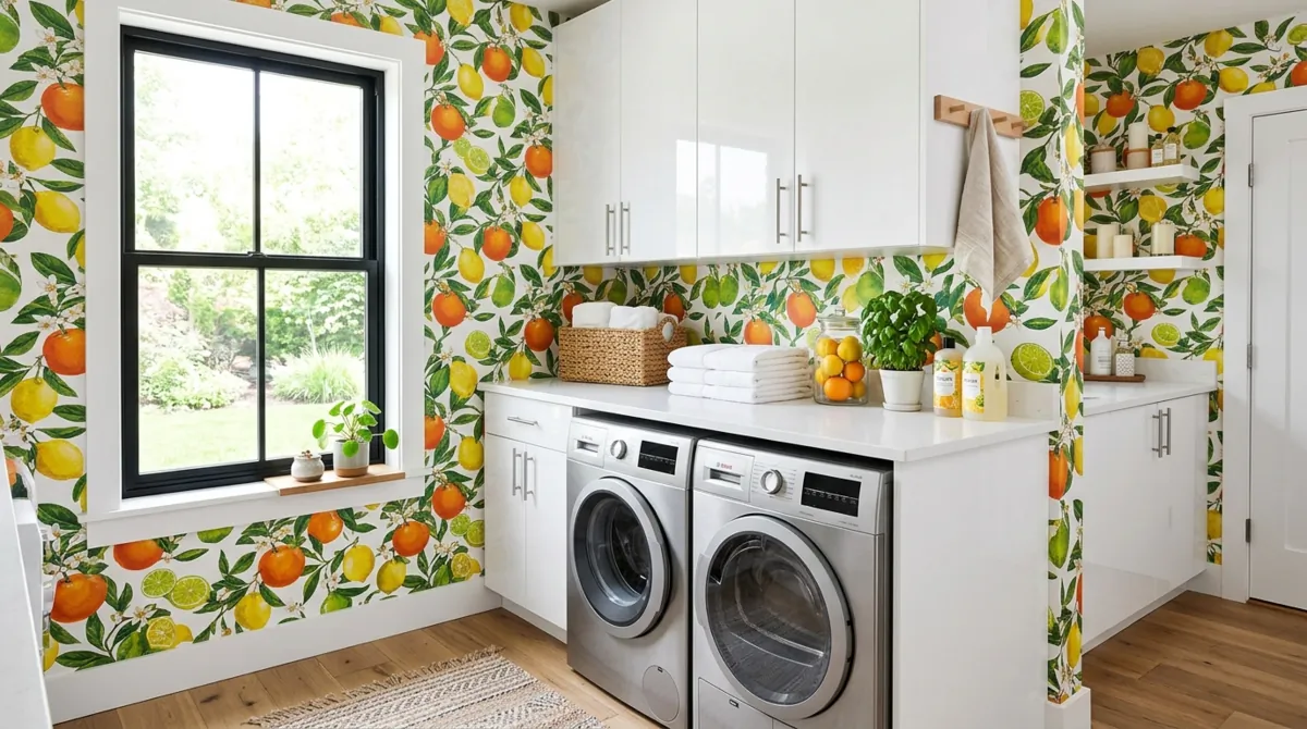 Modern laundry room with citrus wallpaper, glossy white cabinets, stainless appliances, and bright natural light.
