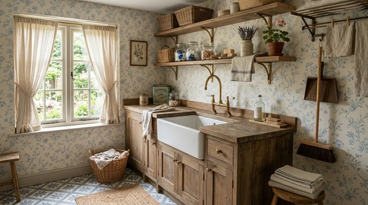 Cozy laundry nook with vintage blue floral wallpaper, farmhouse sink, wood shelves, linen curtains, and patterned floor tile.