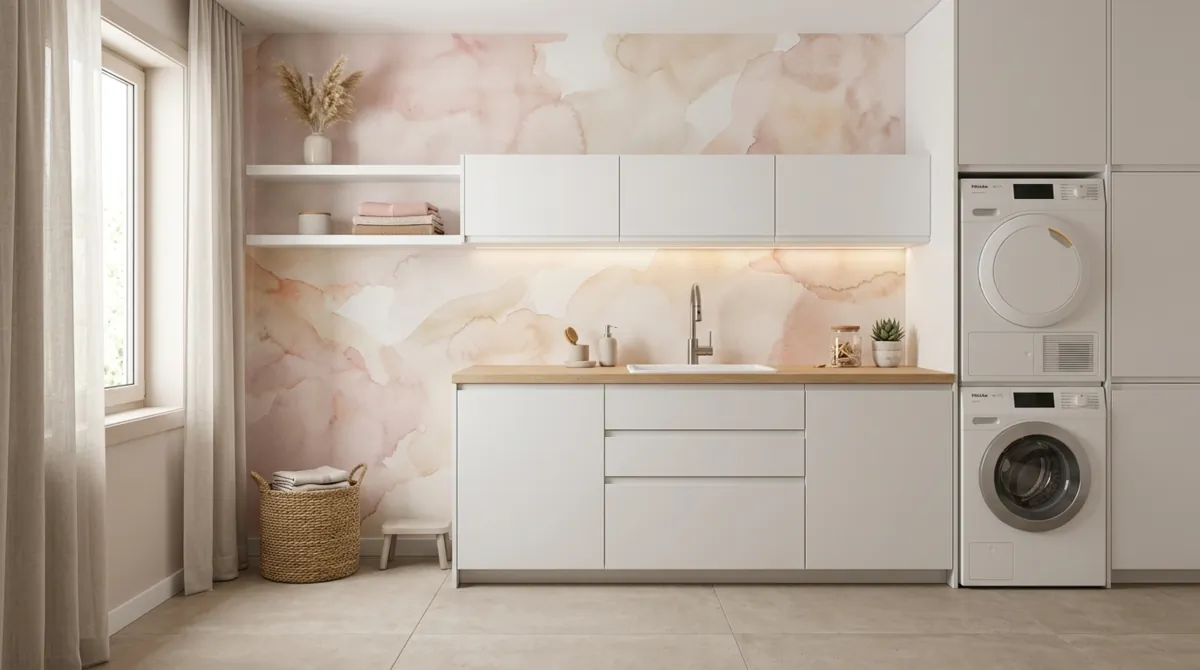 Minimalist laundry room with abstract blush wallpaper, floating cabinets, integrated appliances, and subtle LED shelf lighting.