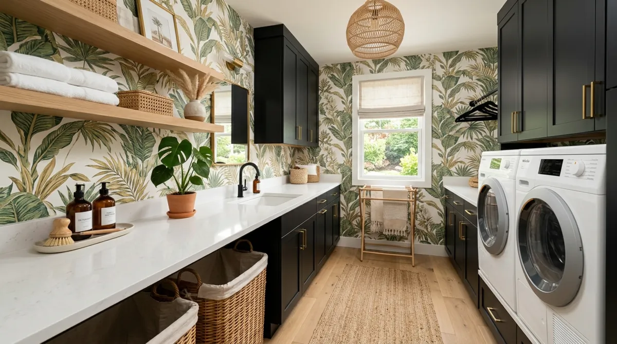 Chic laundry room with tropical palm wallpaper, black cabinets, white counter, rattan baskets, and warm ambient lighting.