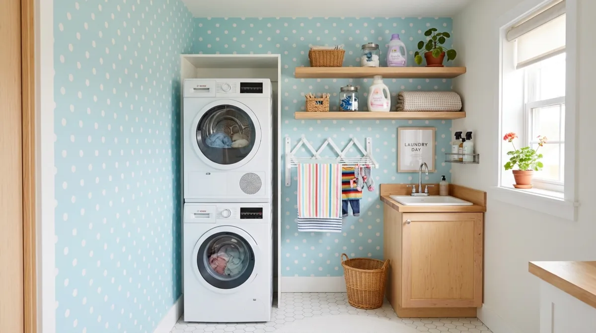 Compact laundry space with polka dot wallpaper, stacked machines, drying rack, and floating shelves.