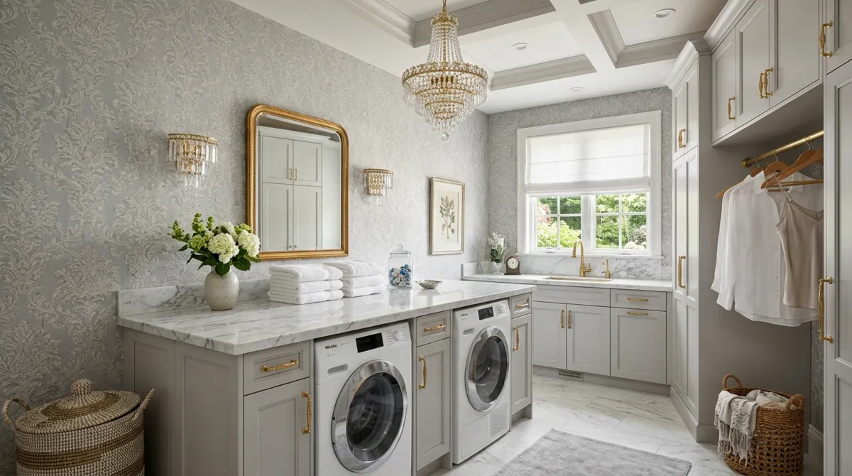 Luxury laundry room with gray damask wallpaper, marble folding counter, built-in cabinets, and chandelier lighting.