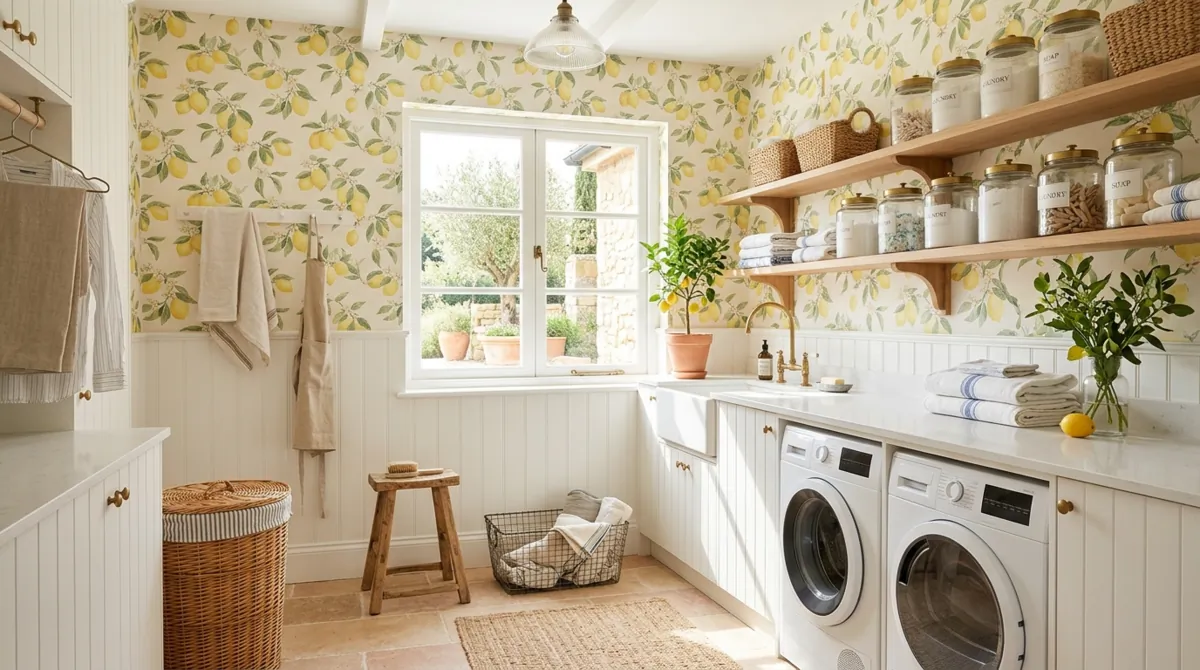 Fresh laundry room with lemon tree wallpaper, beadboard cabinets, open shelving, and sunny Mediterranean light.