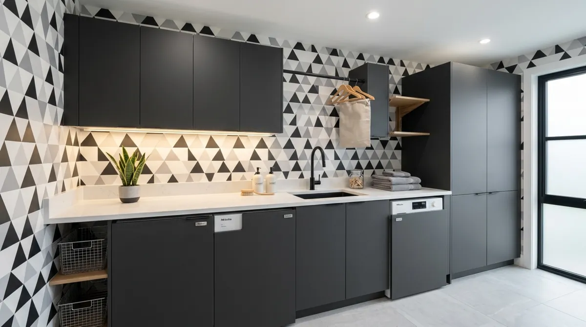 Modern laundry room with geometric triangle wallpaper, matte cabinets, hidden appliances, and LED strip lighting.
