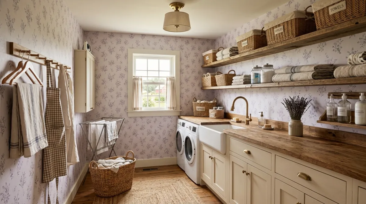 Farmhouse laundry room with lavender floral wallpaper, rustic shelves, apron-front sink, woven baskets, and warm lighting.