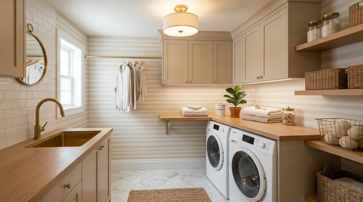 Elegant small laundry room with beige striped wallpaper, compact storage, folding counter, brass fixtures, and diffused lighting.