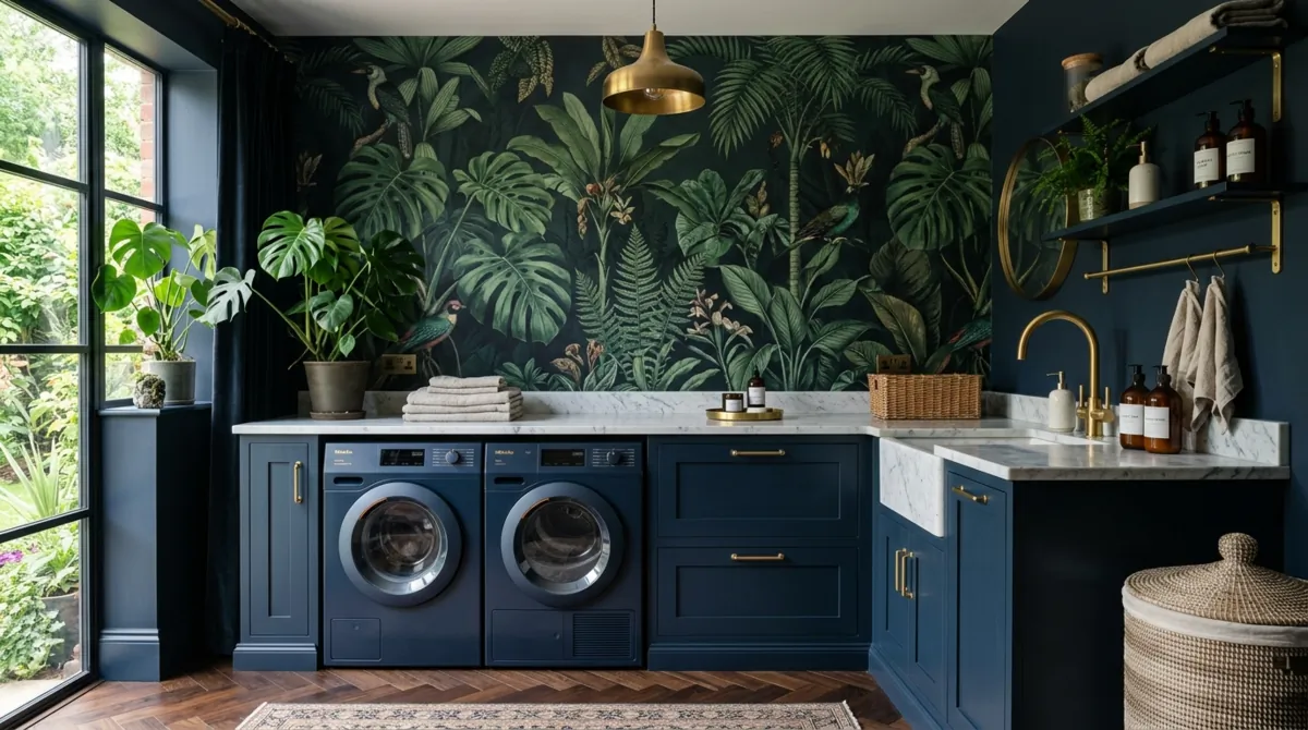 Bold laundry room with oversized jungle wallpaper, navy cabinets, brass hardware, marble countertop, and moody lighting.