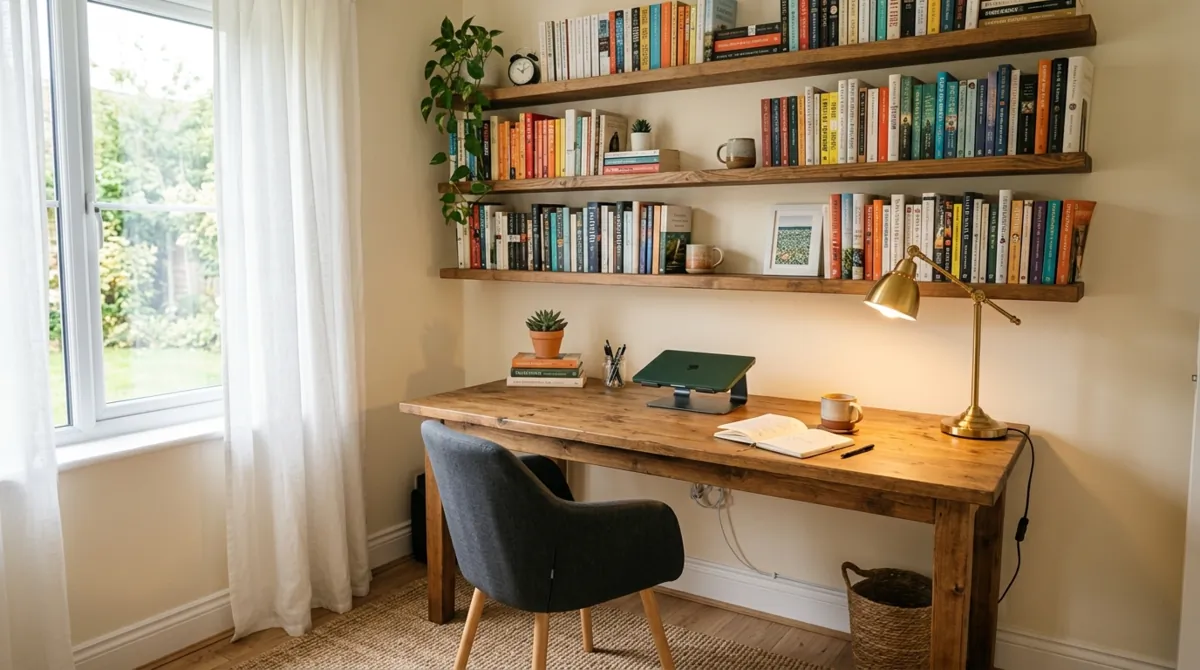 Productive cozy study space with wooden desk, ergonomic chair, shelves, and warm desk lamp lighting.