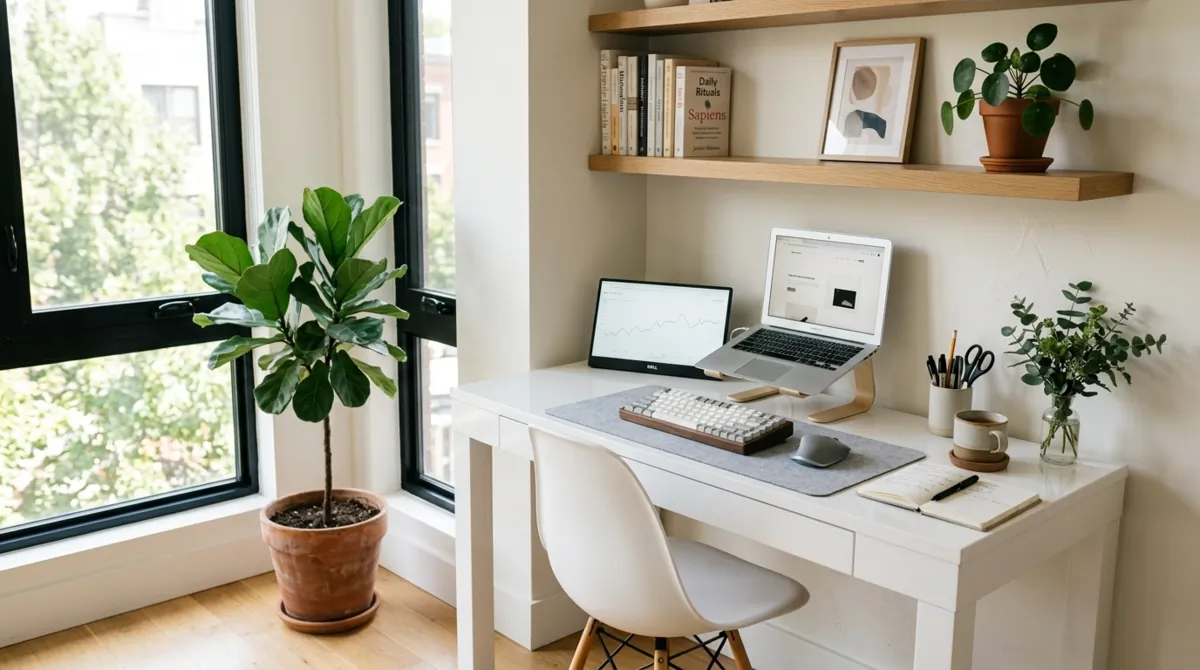 Modern study nook with white desk, laptop setup, organized stationery, and plant accents.