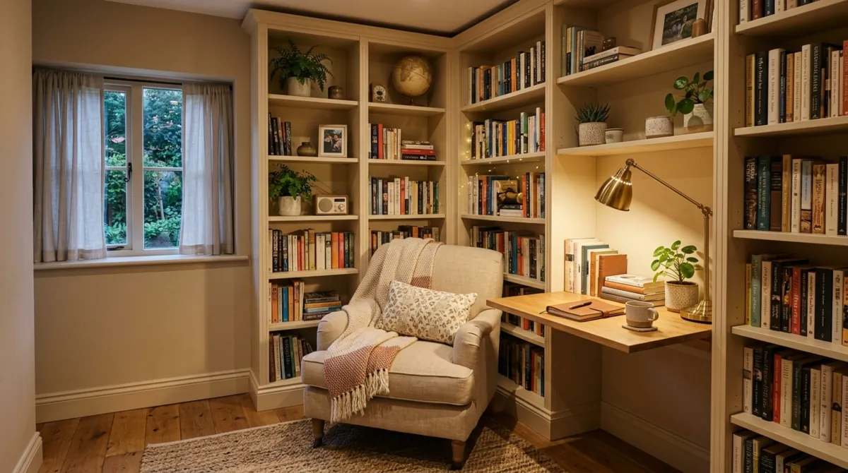 Cozy home study corner with built-in bookshelves, cushioned chair, and warm lighting.