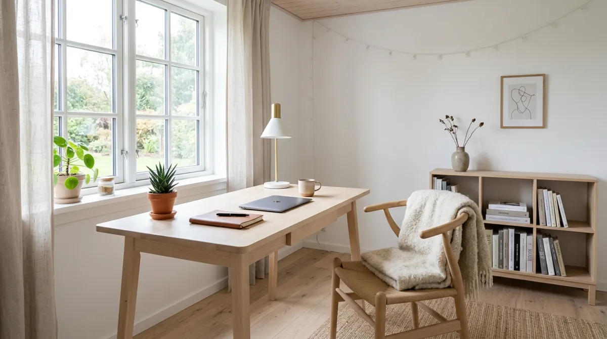 Scandinavian study space with light wood furniture, white walls, and airy daylight.