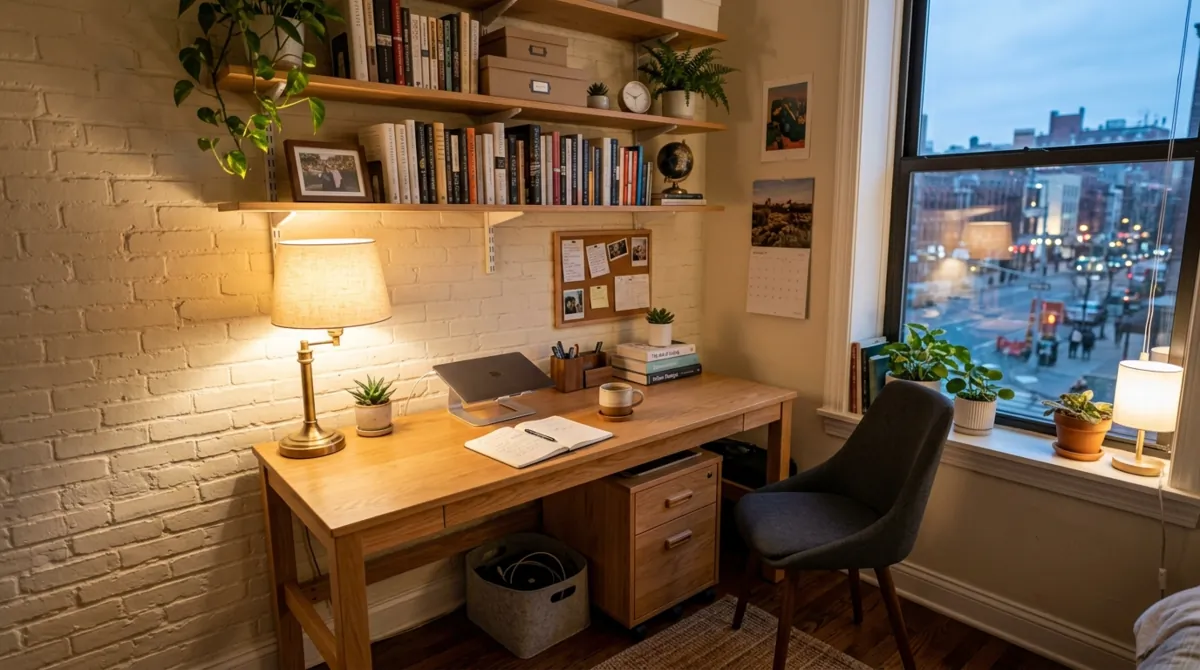 Compact study desk in a small room with wall-mounted shelves and warm lamp glow.