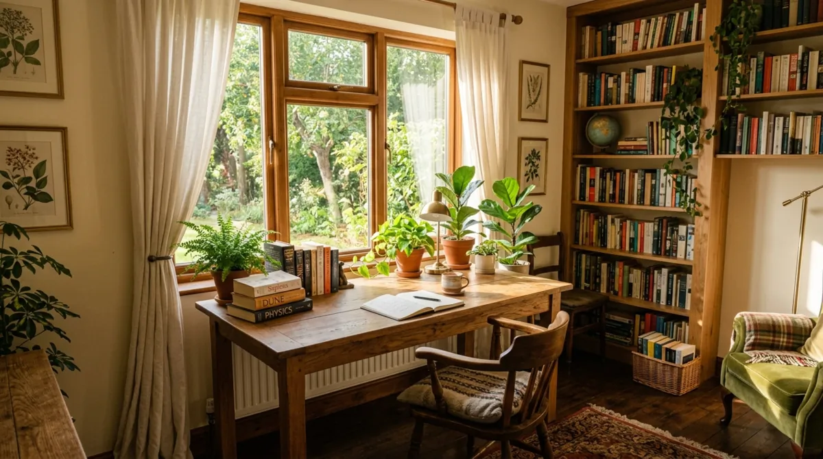 Cozy study room with large window, wooden desk, green plants, and soft curtains.