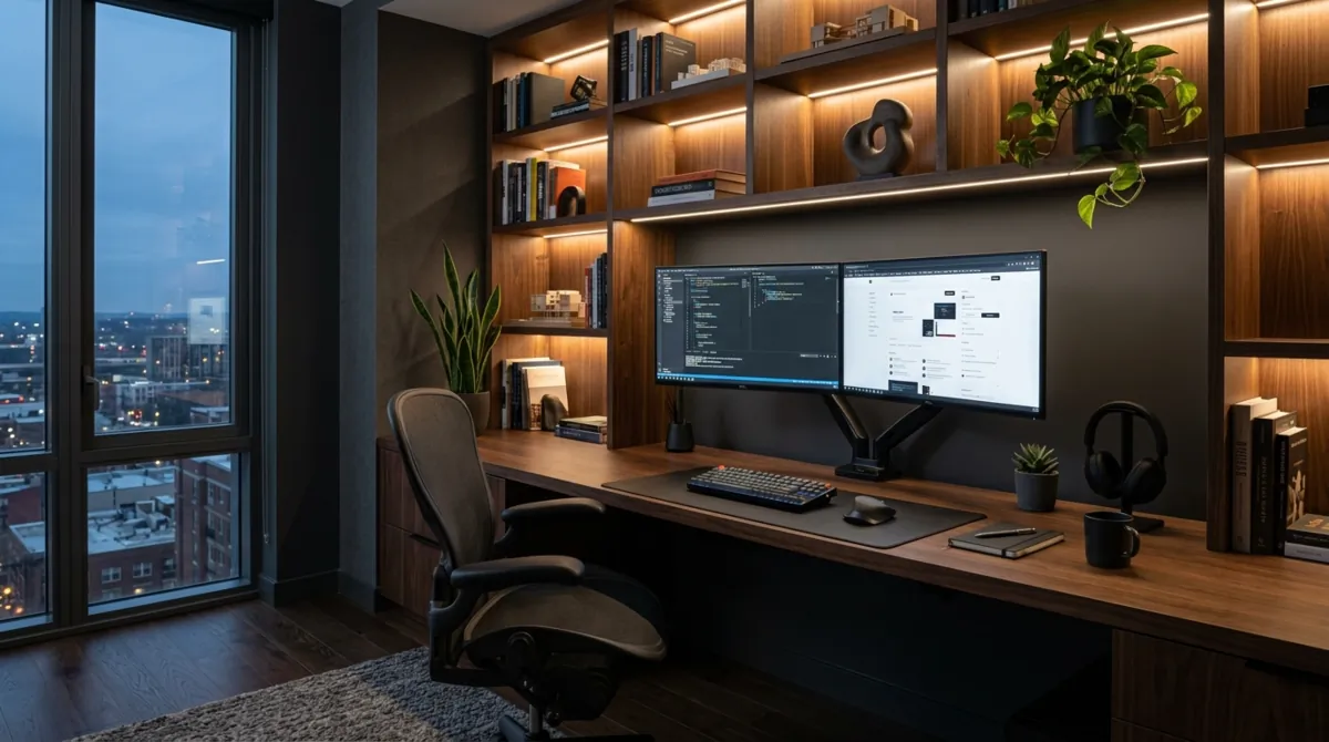 Modern study space with dual monitors, sleek desk, LED accent lighting, and dark tones.