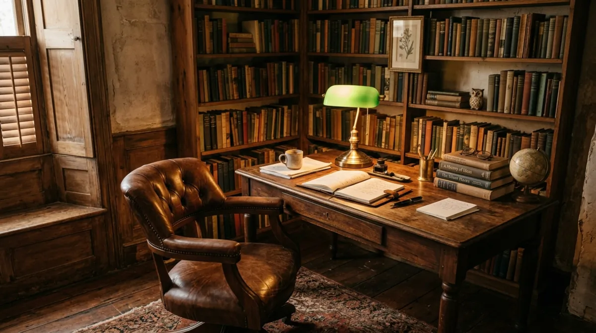 Rustic study corner with wooden desk, vintage lamp, leather chair, and textured walls.