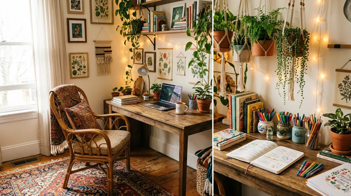 Bohemian study space with rattan chair, patterned rug, hanging plants, and string lights.