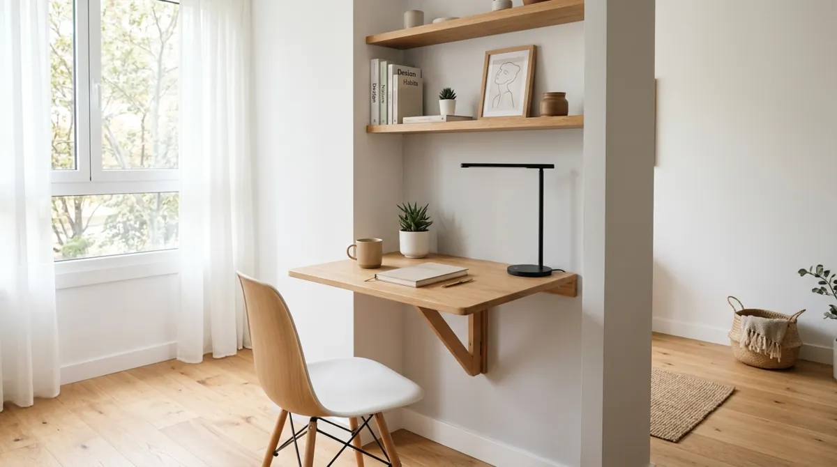 Minimal small study nook with foldable desk, wall shelves, neutral tones, and bright light.