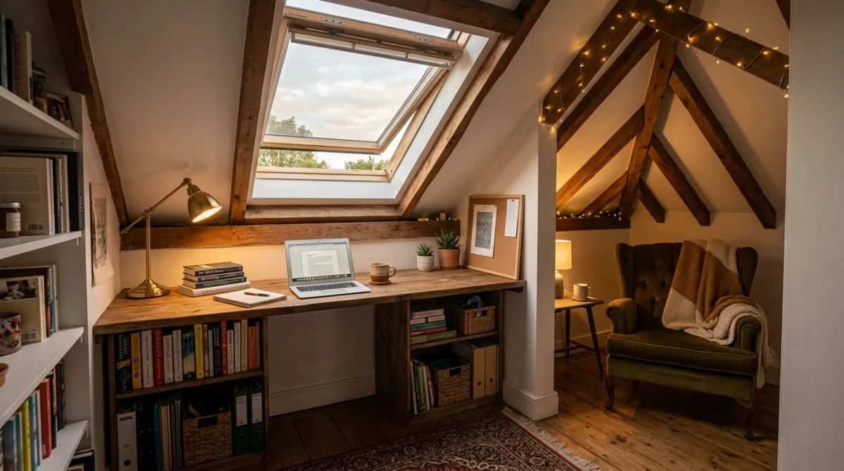 Cozy attic study space with sloped ceiling, skylight, built-in desk, and warm lighting.