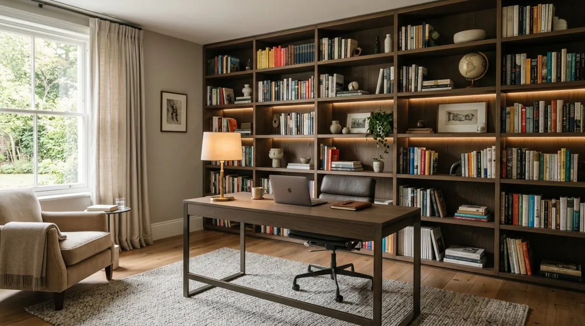 Modern elegant study room with bookshelf wall, sleek desk, and ambient lighting.