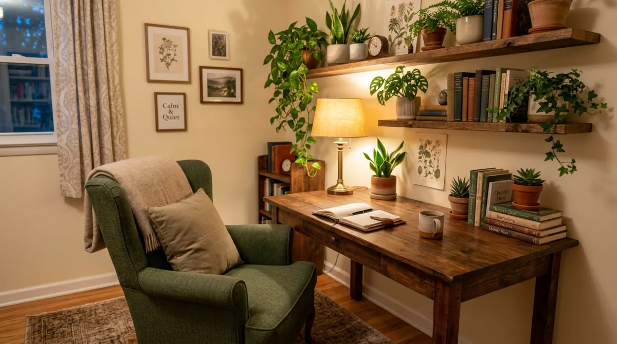 Warm cozy study corner with wooden desk, comfortable chair, plants on shelves, and soft lamp glow.