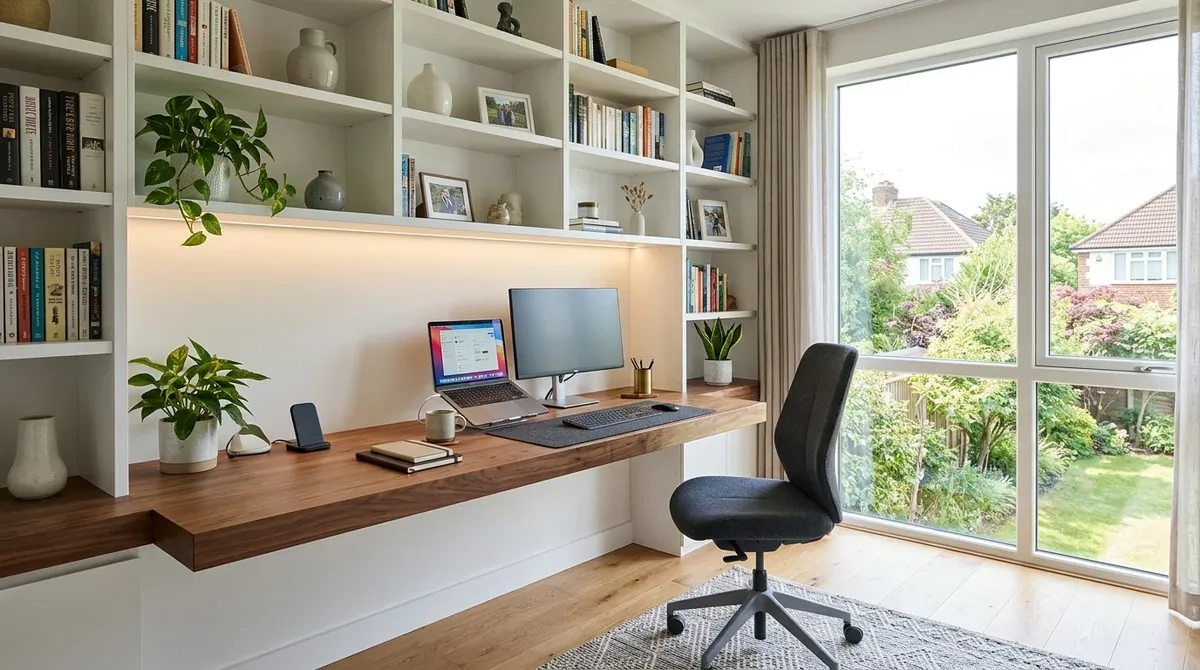 Modern home office with white built-ins, walnut desk top, ergonomic chair, and bright daylight from a large window.