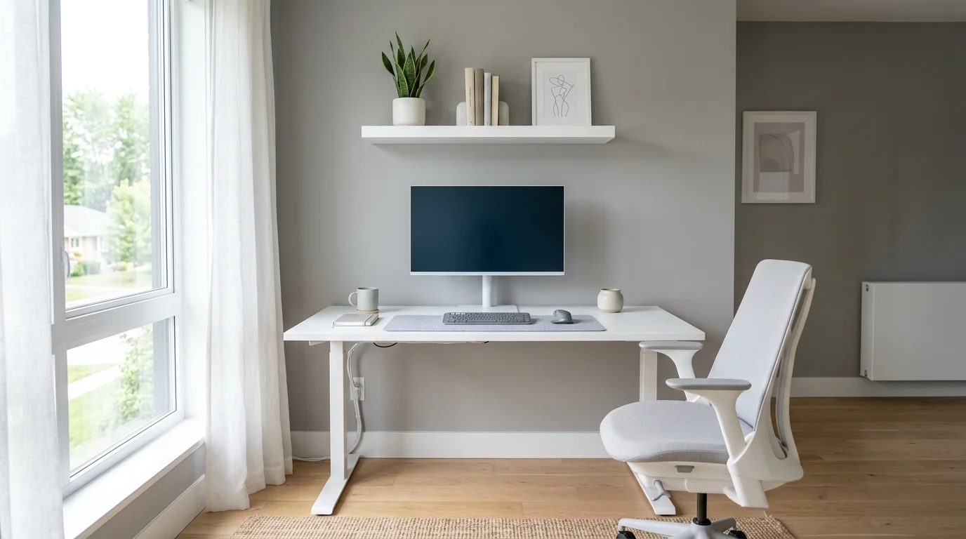 Minimalist home office with white desk, hidden cable management, gray walls, and uncluttered natural light.