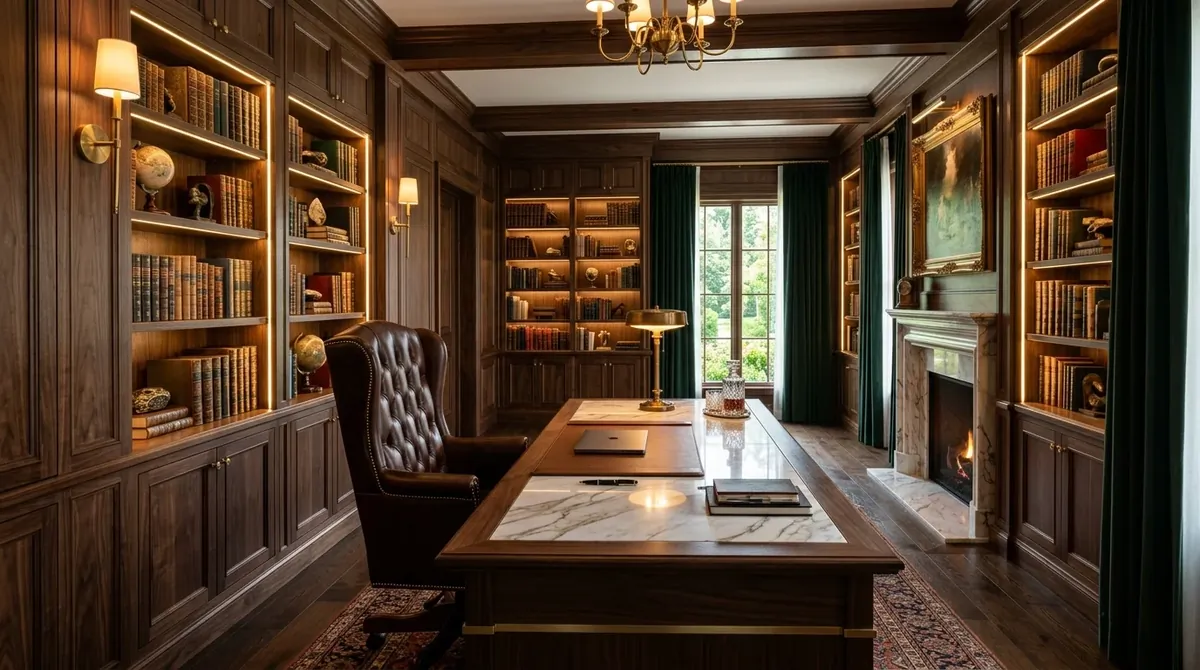 Luxury home office with dark wood paneling, marble desk, leather chair, and floor-to-ceiling bookshelves.