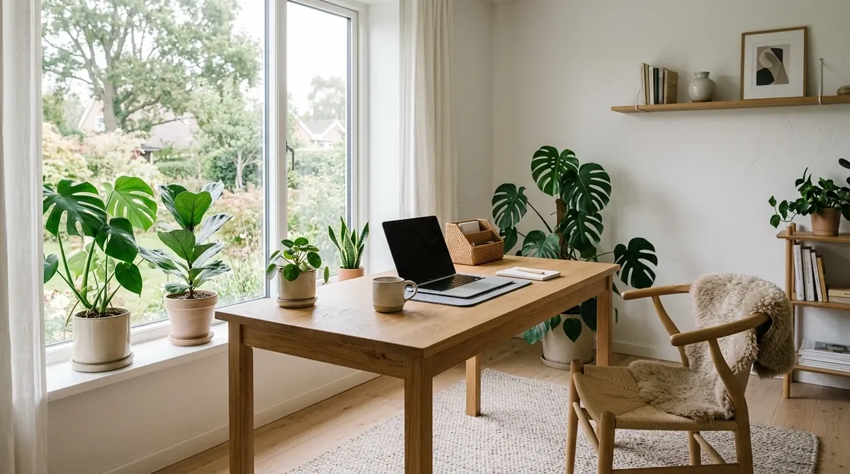 Scandinavian-style office with oak desk, white walls, indoor plants, and bright soft daylight.