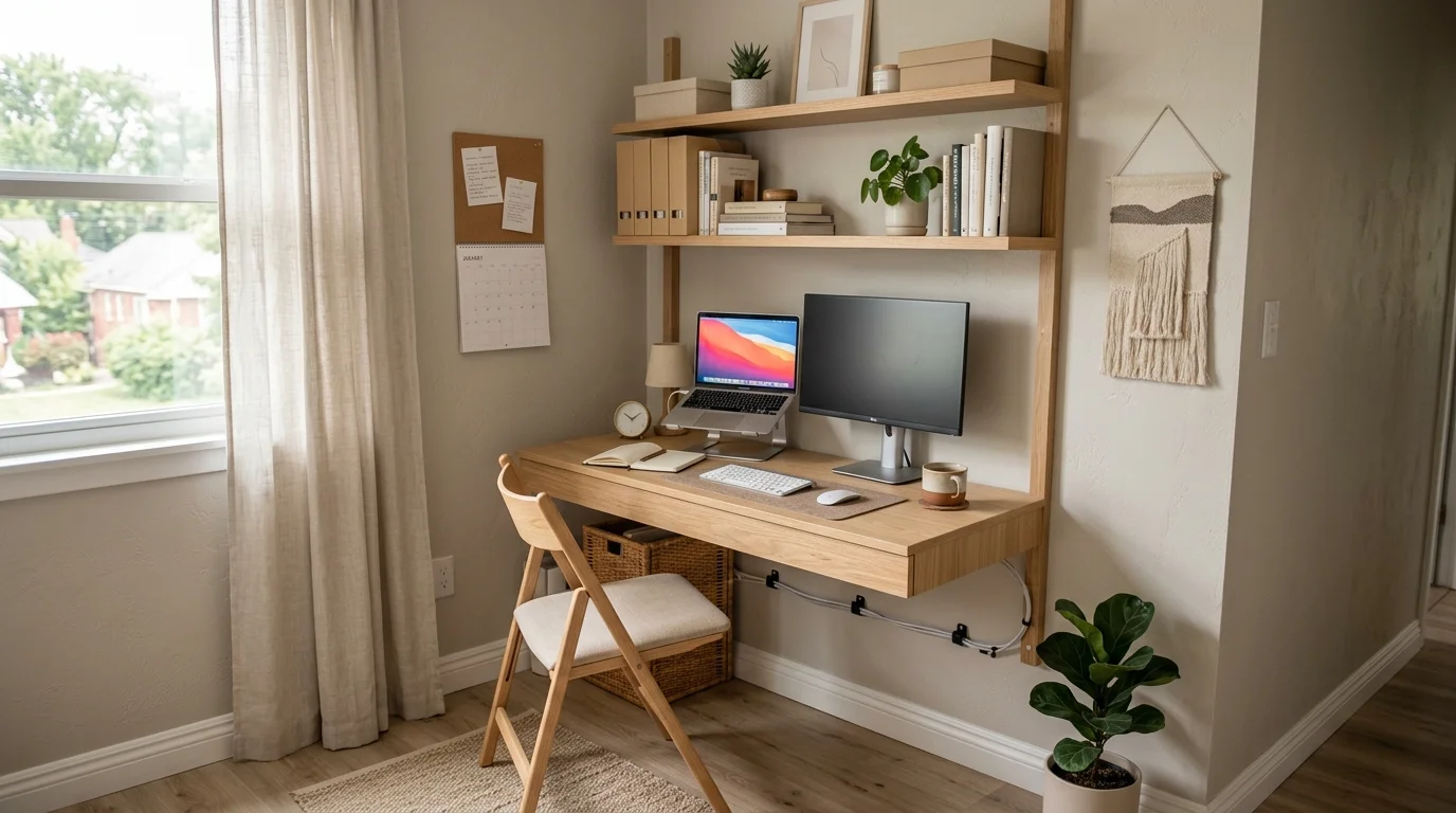 Compact small home office with wall-mounted desk, vertical shelving, and neutral space-saving layout.