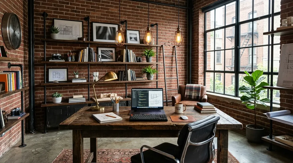 Industrial home office with exposed brick, black metal shelving, wooden desk, and Edison bulb lighting.