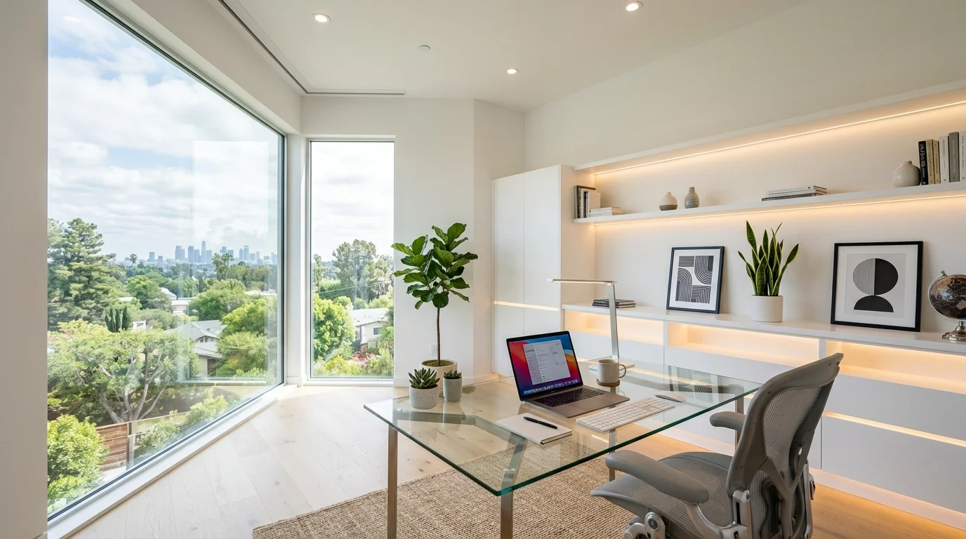 Bright modern office with glass desk, white cabinetry, LED strip lighting, and panoramic window view.